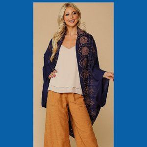 NEW Gigio Size S M Slate Blue Embroidered Eyelet Detail Rayon Cocoon Jacket